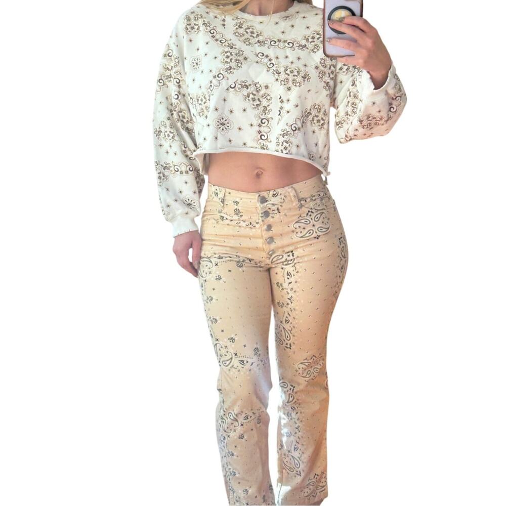 Miaou Junior Pant 24 Beige Bandana Zodiac Paisley Y2K Straight Leg Button Fly